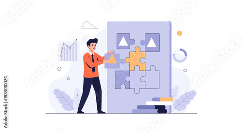 Businessman assembling puzzle pieces, business strategy and teamwork concept