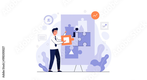 Businessman assembling puzzle pieces, teamwork, strategy, problem solving, business concept