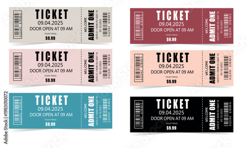 Flat vector illustration of admission tickets with stubs and barcodes for concerts, cinema, theater, or festivals.