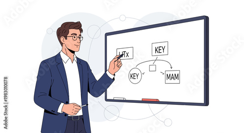 Businessman explaining diagram on whiteboard, digital transformation concept