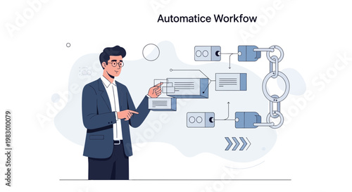 Businessman explaining automated workflow diagram with chain links and flowchart