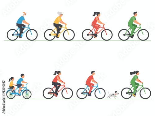 Cuadro en lienzo People Riding Bicycles Set Flat Vector Illustration