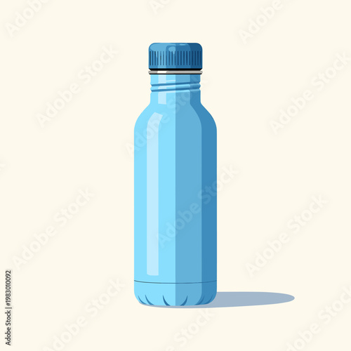 A minimalist illustration of a sleek, light blue reusable water bottle with a dark blue cap, set against a plain off-white background with a subtle shadow.