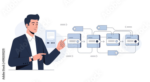 Businessman pointing at flowchart, business process, strategy, planning, workflow, analysis