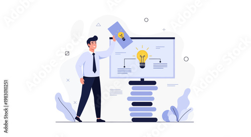 Businessman presenting idea with lightbulb on presentation board, business concept