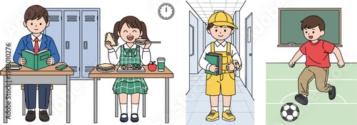 School Life with Kids Studying, Eating, Playing, and Working, Fun Classroom and Playground Illustration for Education and Childhood Designs