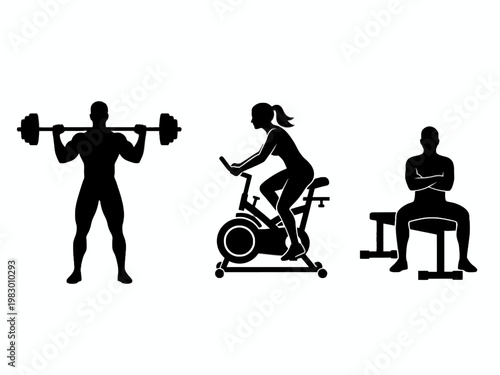 Gym workout silhouettes with barbell, exercise bike and bench