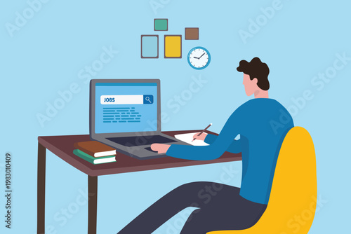 Job search for unemployed candidate, recruitment or employment professional, career or work resume application, employee profile, young adult jog seeker searching for job on computer laptop.