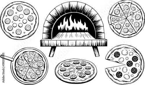 Hand-drawn collection of pizzas and a rustic wood-fired oven with flames food