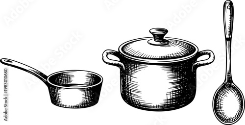 Hand-drawn of cooking pots and ladle white background, kitchen utensil