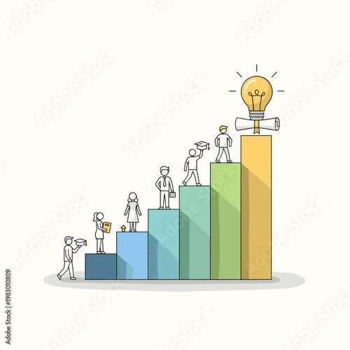 Billede på lærred Illustration of a bar graph representing career growth and educational achievement, culminating in a bright idea