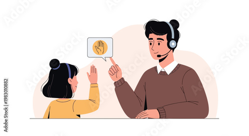 Customer service agent assisting a client with a hand gesture icon on screen