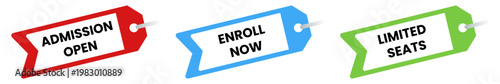 Admission open 2026 to 2027 labels, enrollment badges, registration announcement tags and education promotion stickers. School, college and university campaign, academic season graphic design. Flat ve