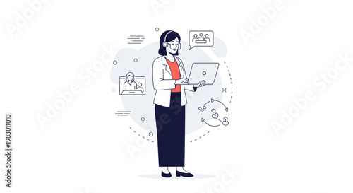 Customer service agent with laptop, video call and team chat icons