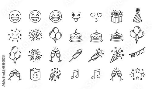 Hand drawn celebration icons and emoticons set with festive party elements and doodle outline faces vector