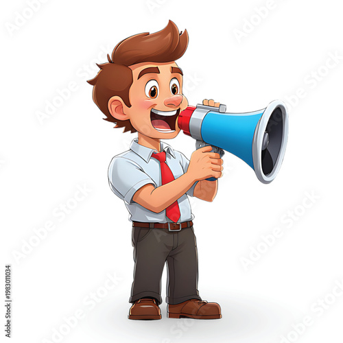 Cartoon man holding blue megaphone and shouting loudly to the side  business announcement