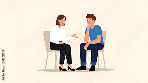 Cartoon woman and man sitting on chairs talking to each other in casual conversation