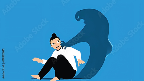 Cartoon man sitting on floor with shocked expression and dark blue silhouette behind him on blue background