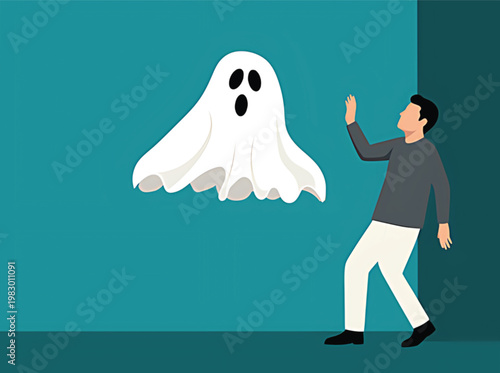 Man in gray shirt and white pants reaching out to a floating white ghost  spooky scene