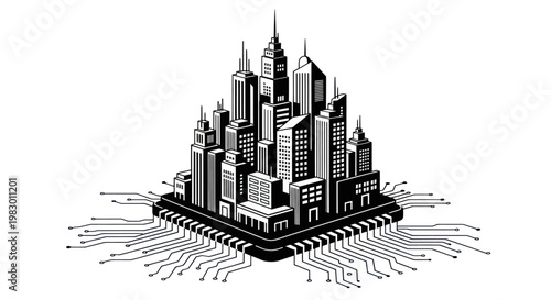 Cityscape on Computer Microchip Architecture.
