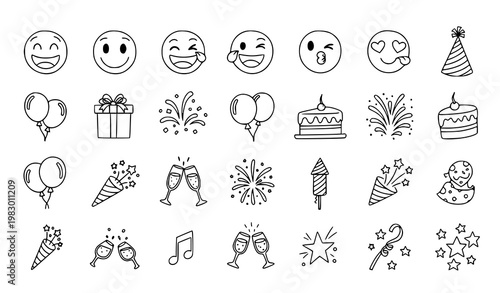 Hand drawn celebration emoticons and party icons set with festive elements bold doodle vector collection