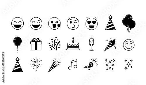 Celebration icons and emoticons set with flat line hand drawn festive party elements and modern vector faces