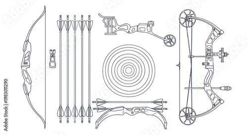 Archery bow and arrow equipment set.