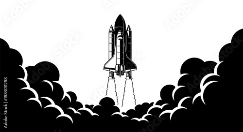 Black and white illustration of rocket launch.