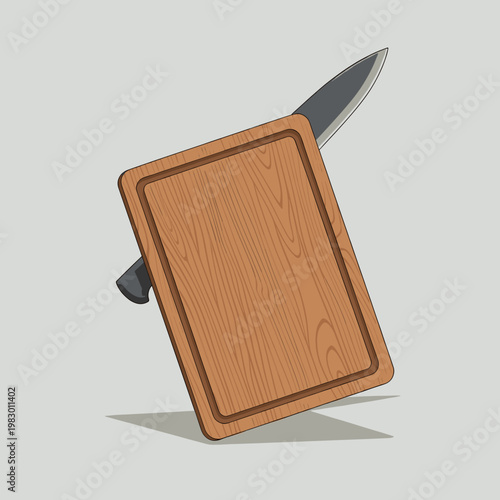 A wooden cutting board with a sharp knife behind it, set against a plain gray background.