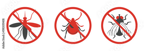 Insect repellent warning signs featuring mosquito tick fly icons repellent mosquito forbidden illustration sanitation prevention disinfection eradication elimination neutralize deterrent