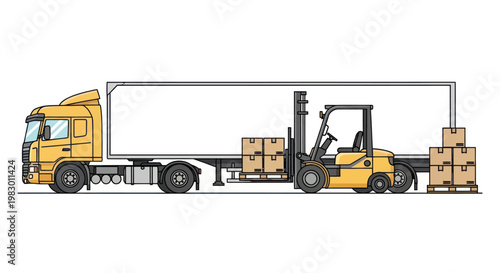 Yellow Forklift Loading Truck with Boxes.