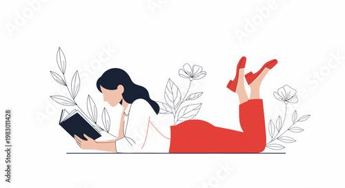 Woman lying down reading a book.