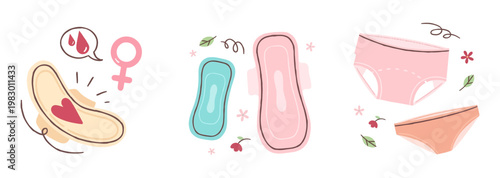 Feminine hygiene products and underwear set for menstrual cycle care with self care feminine underwear menstrual sanitary protection illustration wellness intimate clothing personal