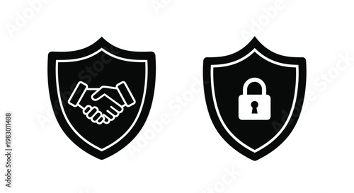 Security and trust icons with handshake and padlock on transparent background silhouette
