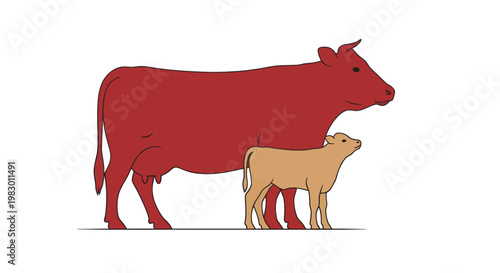 Red cow and small calf standing.