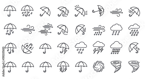 Weather icons for rain and storms.