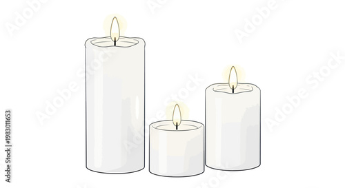 Three white candles with yellow flames.