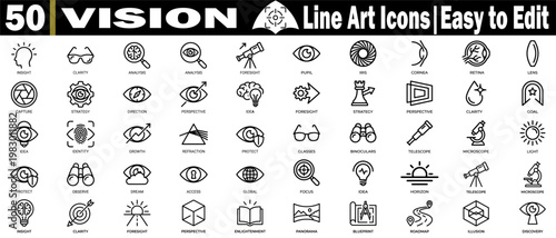 Vision AI line art icons. Including insight, clarity, analysis, foresight, pupil, iris, retina lens capture strategy direction perspective idea identity. vector illustration.