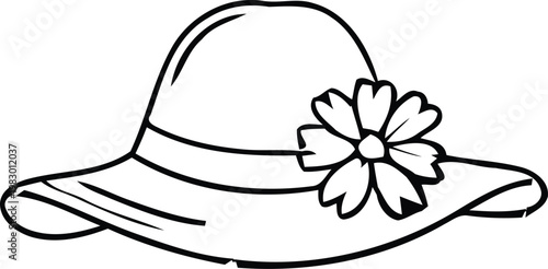 Black and white line of a sun hat with a flower