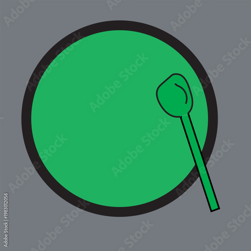 Minimalist green drum vector icon, musical percussion instrument with drumstick, flat rhythmic symbol for music education and apps