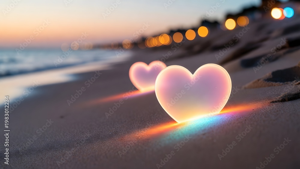 Fototapeta premium Transparent glowing hearts on tropical sand. Eternal love and coastal romance. Luminous heart sculptures reflecting light on a seaside beach at sunset