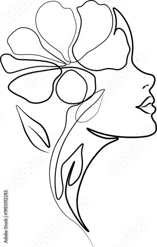 Abstract woman portrait with blooming flower line art