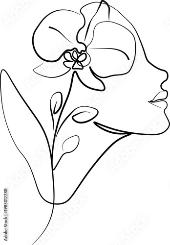 Minimalist female face with orchid flower line drawing