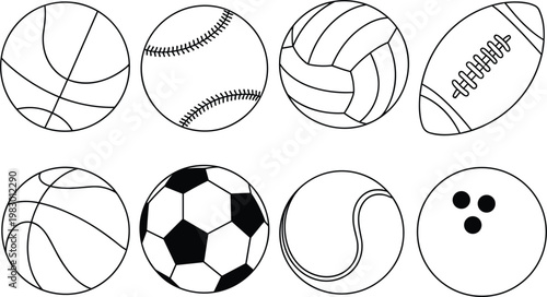 Sports balls outline set, basketball baseball volleyball soccer bowling and football vector illustration collection
