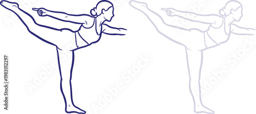 Woman performing yoga dancer pose line art illustration isolated on white