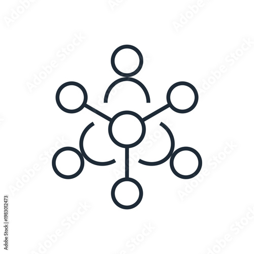 Networking of people united into a team. Technical specialist or  support service. Tech service group.Vector linear icon illustration isolated on white background.