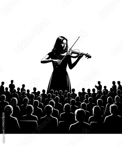 female violinist performing on stage for audience vector illustration
