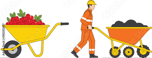 Wheelbarrow with Fruits and Construction Worker Carrying Load, Cartoon Illustration of Agriculture and Labor Work for Industry Design