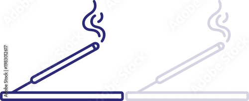 Incense stick burning with smoke trail icon, minimalist line art style isolated on white