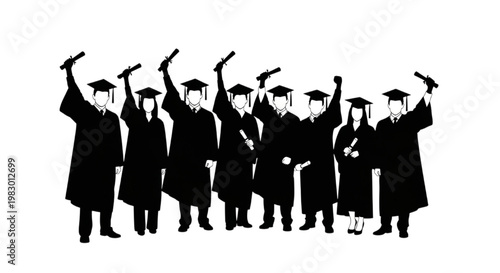 Graduation Celebration A Group of Silhouetted Students Capturing a Memorable Selfie Moment with Diplomas and Caps